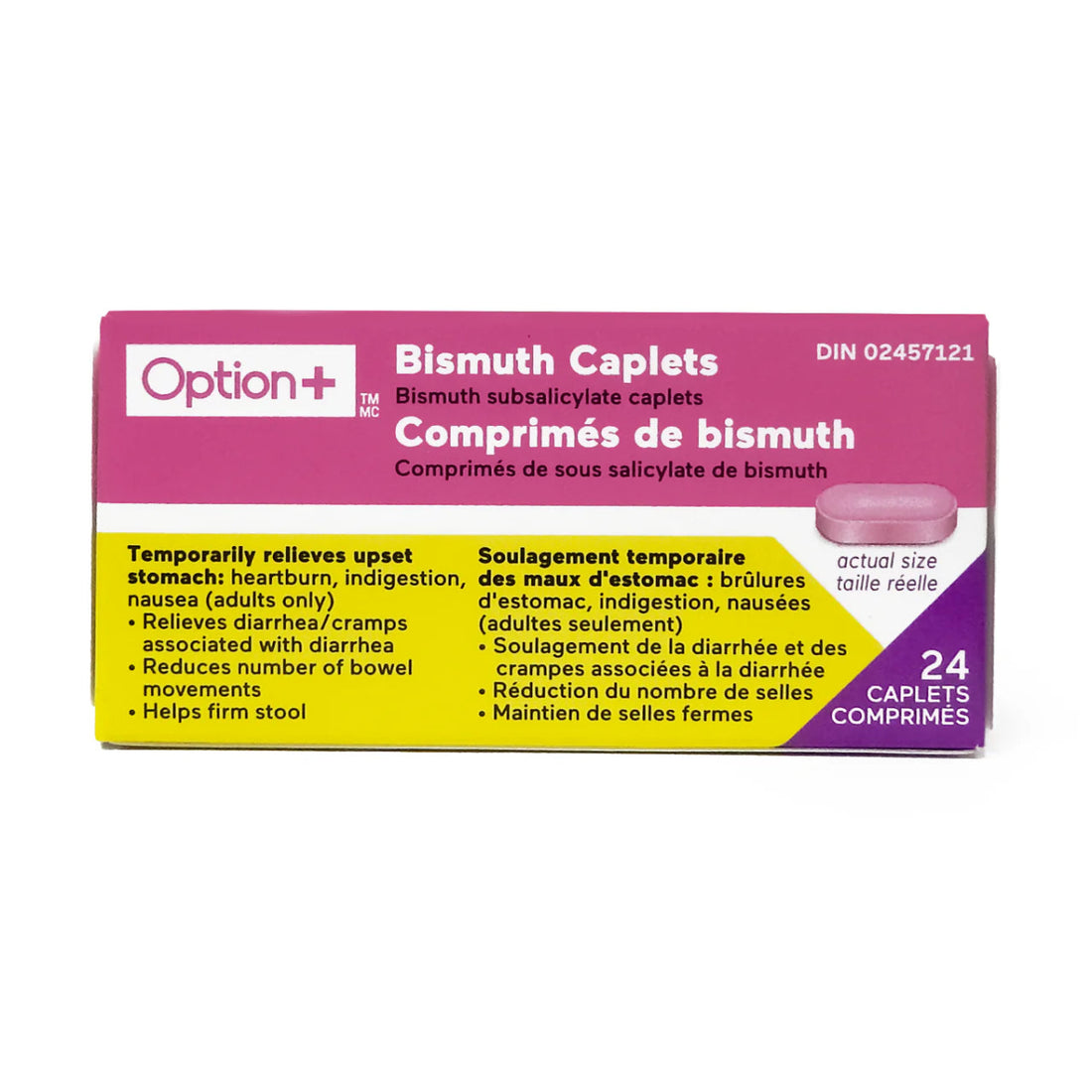 Box of Bismuth Caplets with Option+ branding on a white background - okotoks hc pharmacy