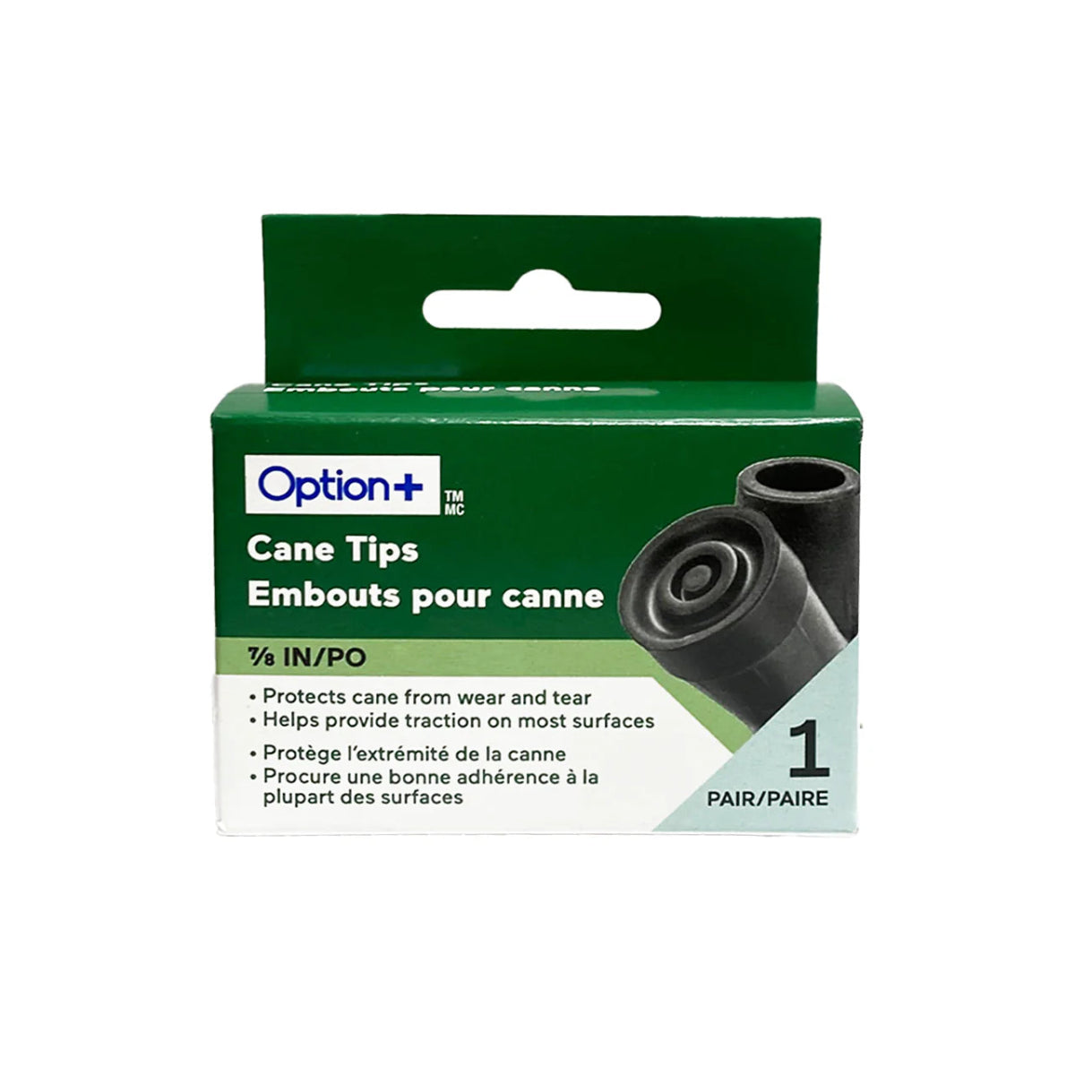 Packaging of Option+ cane tips with green and white design - okotoks hc pharmacy