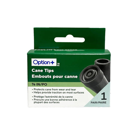 Packaging of Option+ cane tips with green and white design - okotoks hc pharmacy
