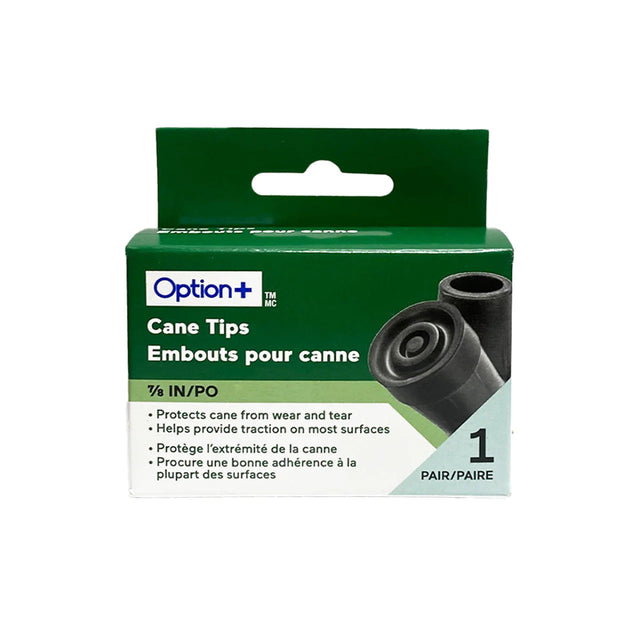 Packaging of Option+ cane tips with green and white design - okotoks hc pharmacy