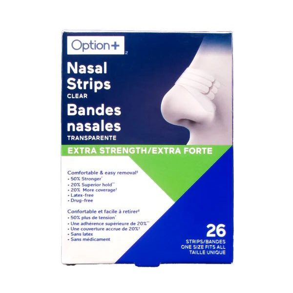 Box of Option+ Nasal Strips with a clear nasal strip on a white background - okotoks hc pharmacy