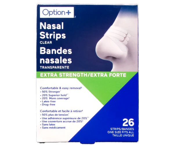 Box of Option+ Nasal Strips with a clear nasal strip on a white background - okotoks hc pharmacy