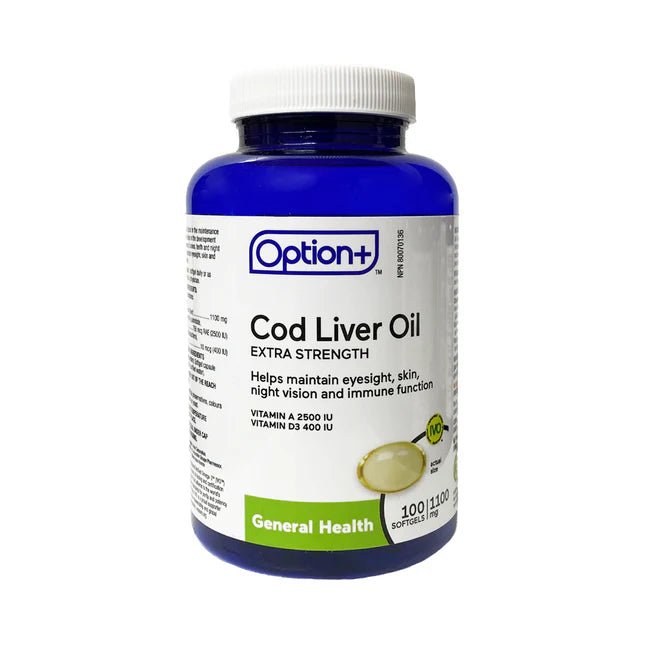 Bottle of Option+ Cod Liver Oil on a white background - okotoks hc pharmacy
