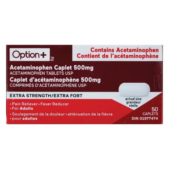 Box of Option+ Acetaminophen Caplet 500mg tablets on a white background - Okotoks HC Pharmacy