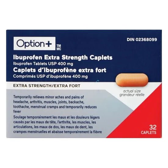 Box of Option+ Ibuprofen Extra Strength Caplets with blue and red design - Okotoks HC Pharmacy