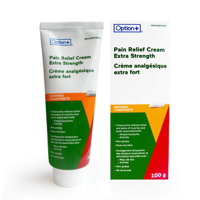 Pain relief cream tube and packaging with Option+ branding on a white background - Okotoks HC Pharmacy