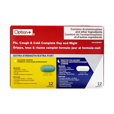 Option+ Flu, Cough & Cold Complete Extra Strength Day + Night 12+12 - Okotoks HC Pharmacy