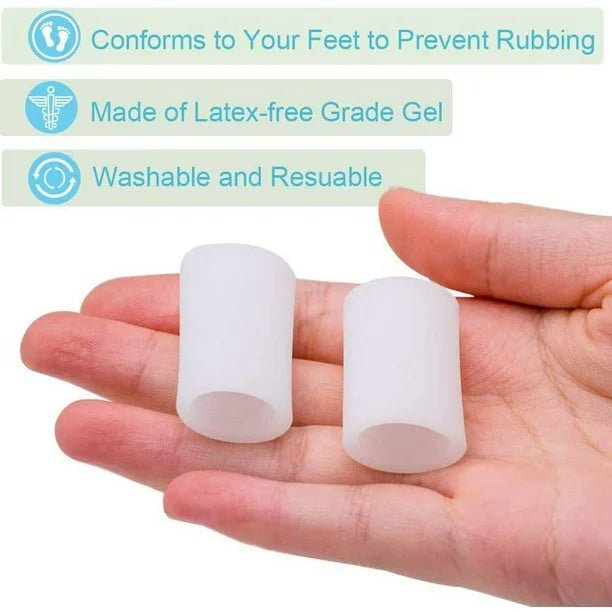 Two white gel cushions held in a hand with text about their properties. - okotoks hc pharmacy