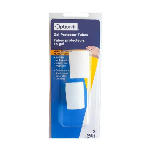 Packaging of Option+ Gel Protector Tubes with a white tube inside on a blue background - okotoks hc pharmacy