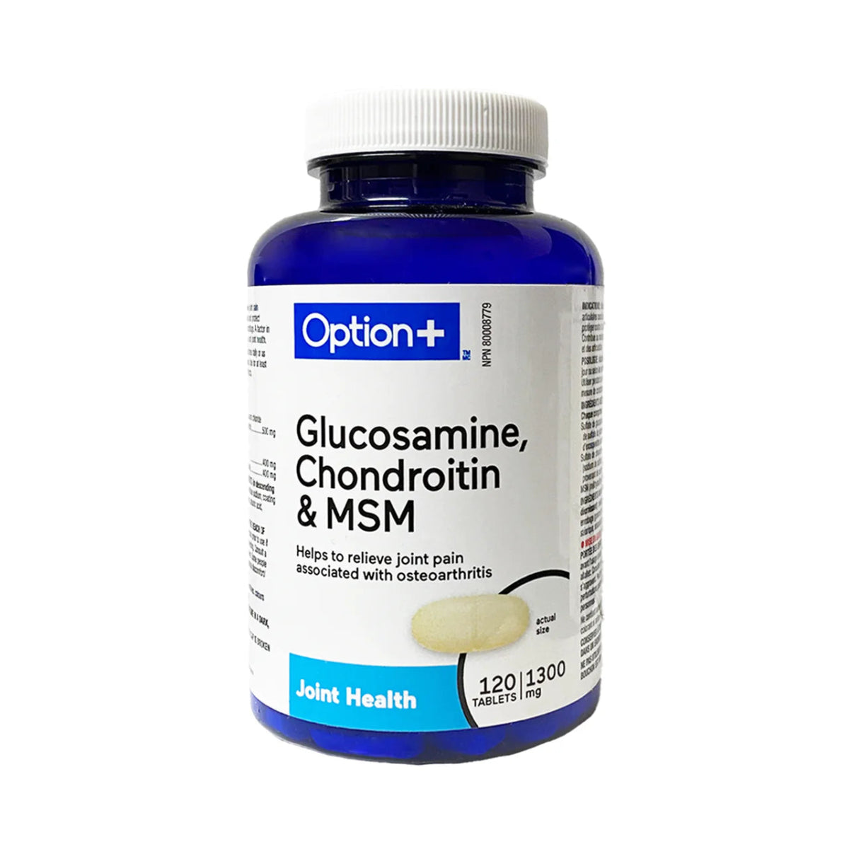 Bottle of Option+ Glucosamine, Chondroitin & MSM supplement on a white background - okotoks hc pharmacy