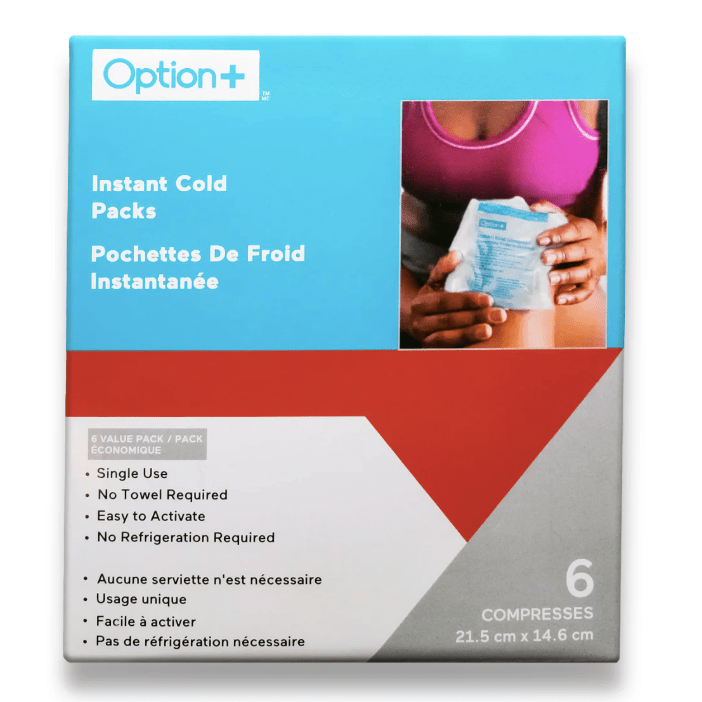 Box of Option+ instant cold packs with a person holding a pack on a white background - okotoks hc pharmacy