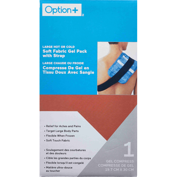 Package of Option+ large hot or cold soft fabric gel pack with strap on a white background - okotoks hc pharmacy