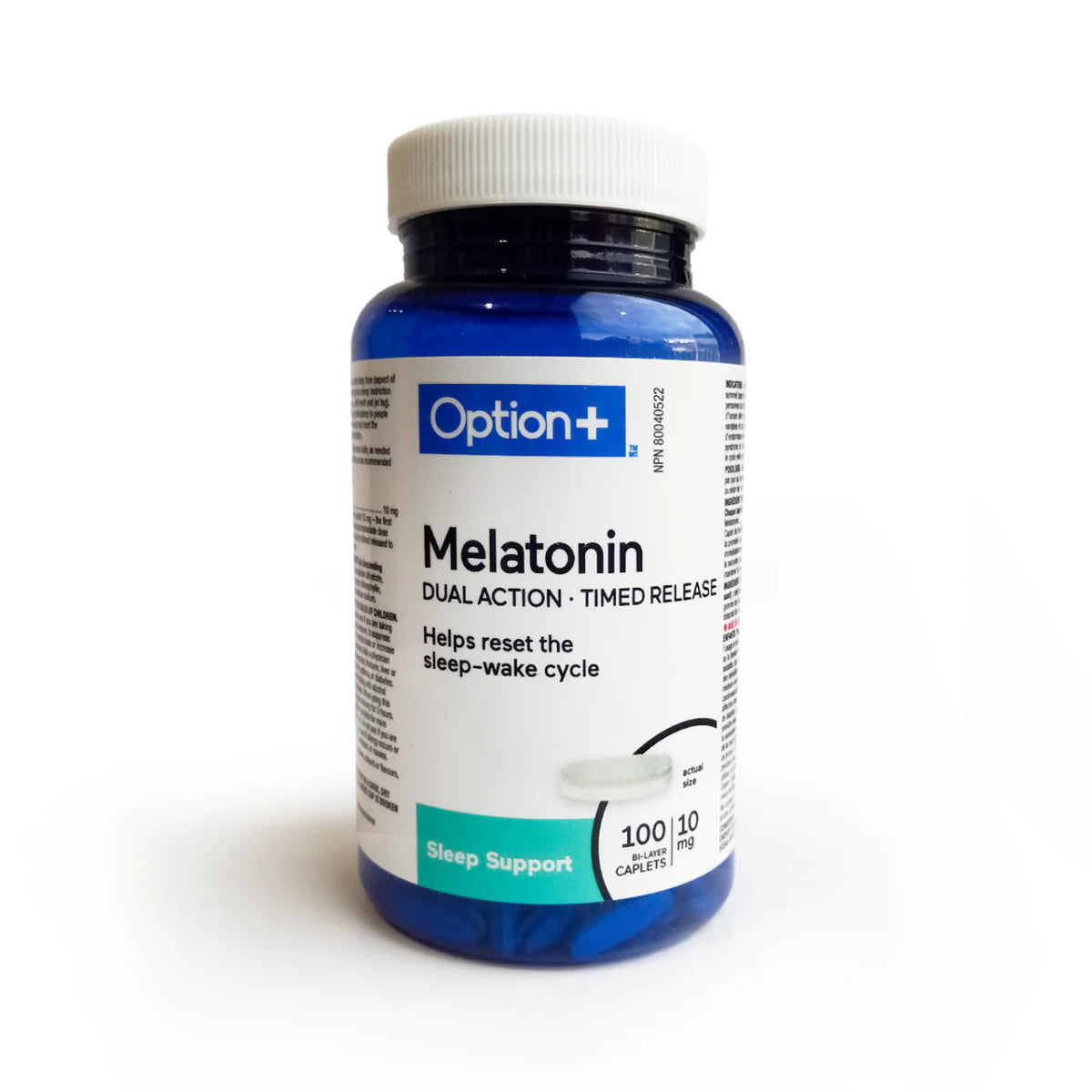 Melatonin supplement bottle with Option+ label on a white background - okotoks hc pharmacy