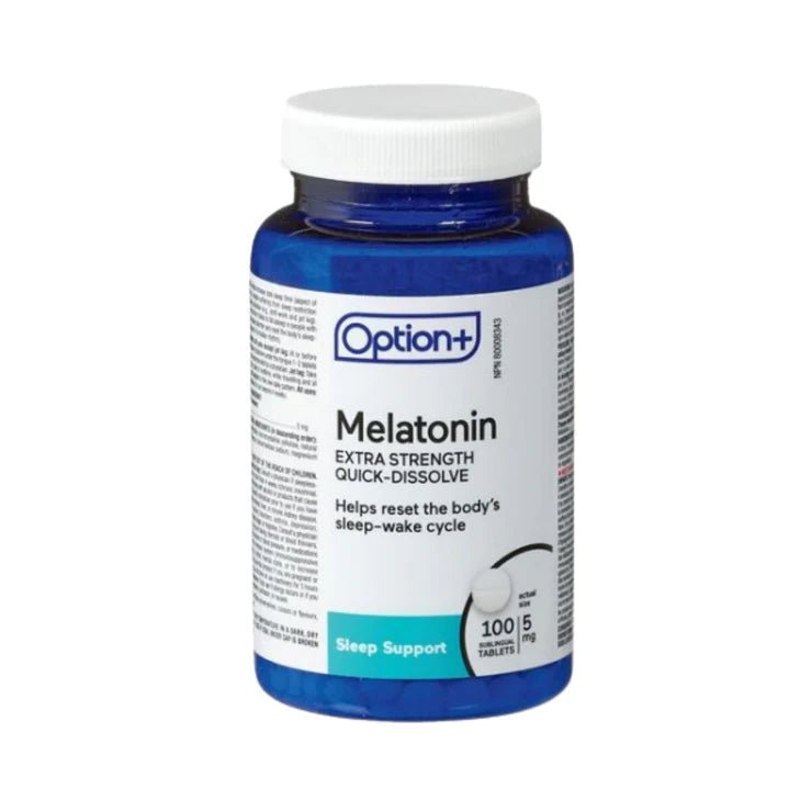 Bottle of Option+ Melatonin tablets on a white background - okotoks hc pharmacy