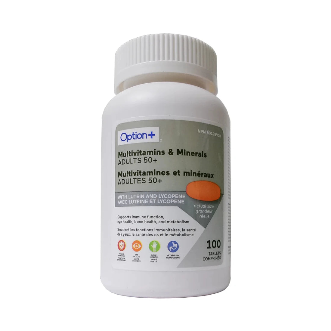 A white plastic bottle of Option+ Multivitamins & Minerals Adults 50+ dietary supplement, featuring a white ribbed cap and a gray label with multilingual text and a small orange accent. - okotoks hc pharmacy
