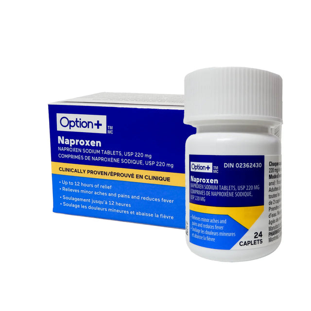 Bottle and box of Option+ Naproxen on a white background - Okotoks HC Pharmacy