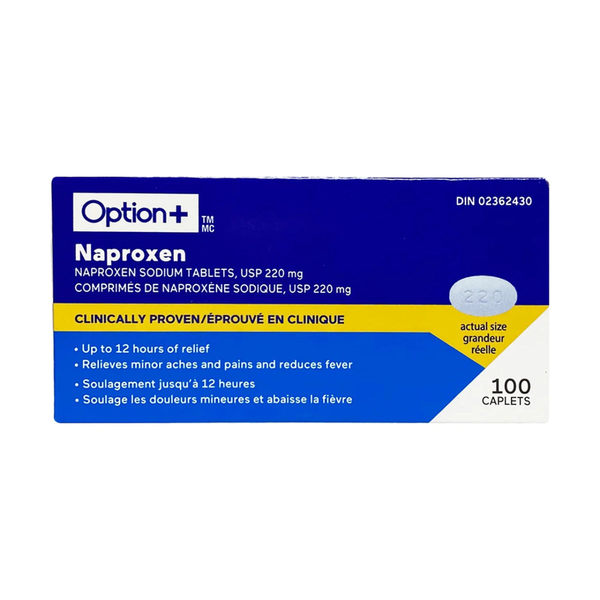 Box of Option+ Naproxen Sodium Tablets on a white background - Okotoks HC Pharmacy