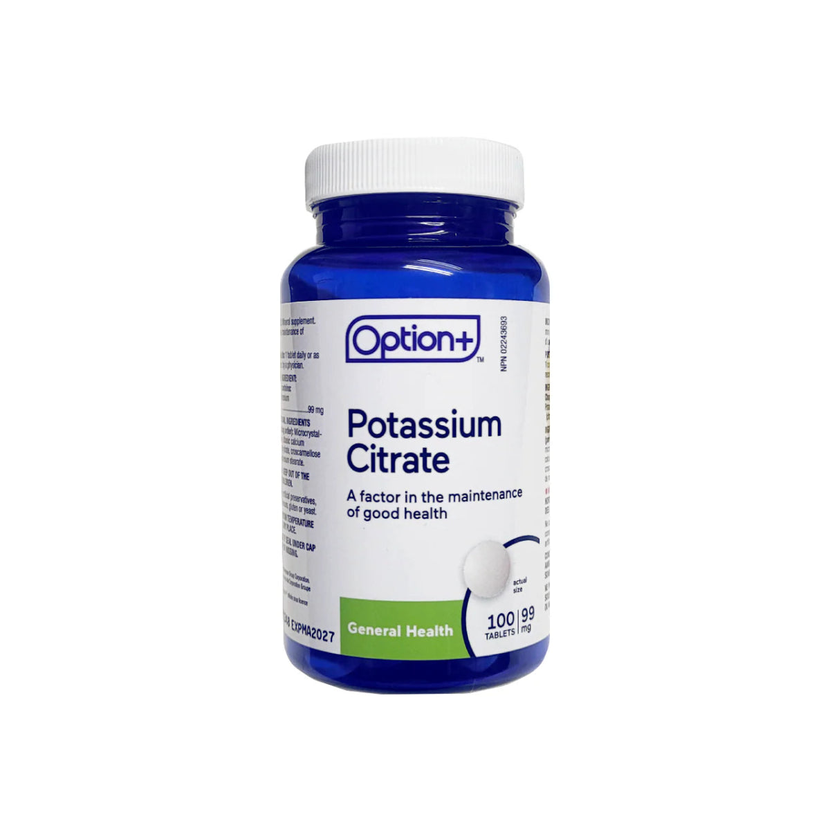 Bottle of Option+ Potassium Citrate supplement on a white background - okotoks hc pharmacy
