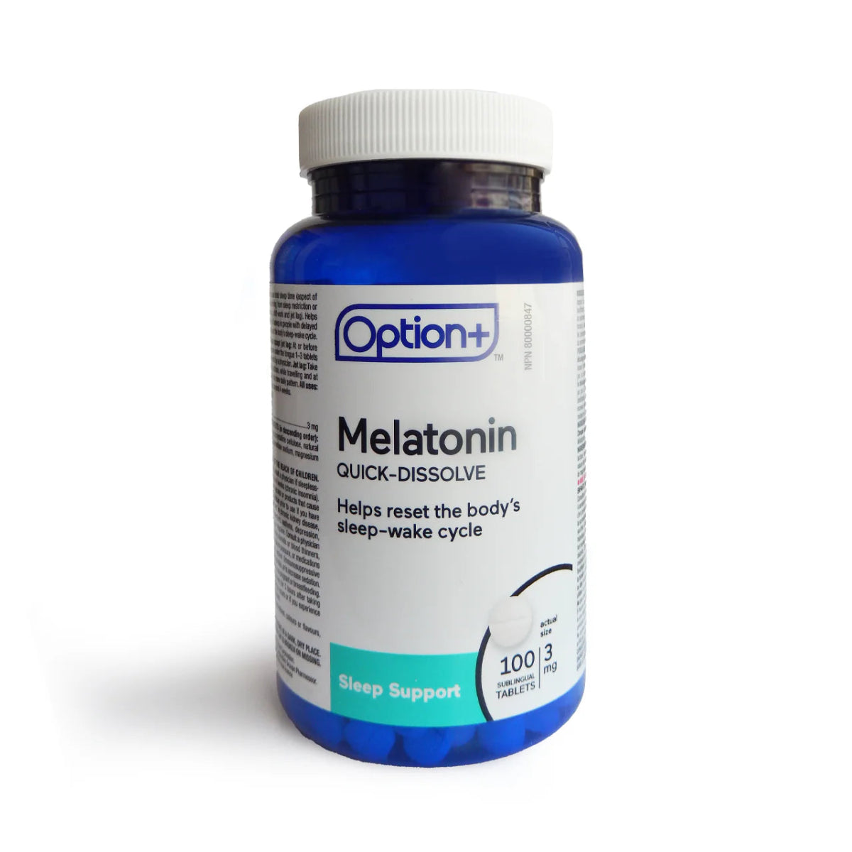 Bottle of Option+ Melatonin quick-dissolve tablets on a white background okotoks hc pharmacy