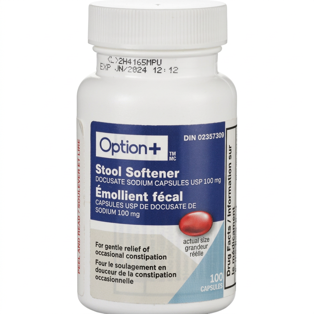 Bottle of Option+ Stool Softener on a white background - okotoks hc pharmacy
