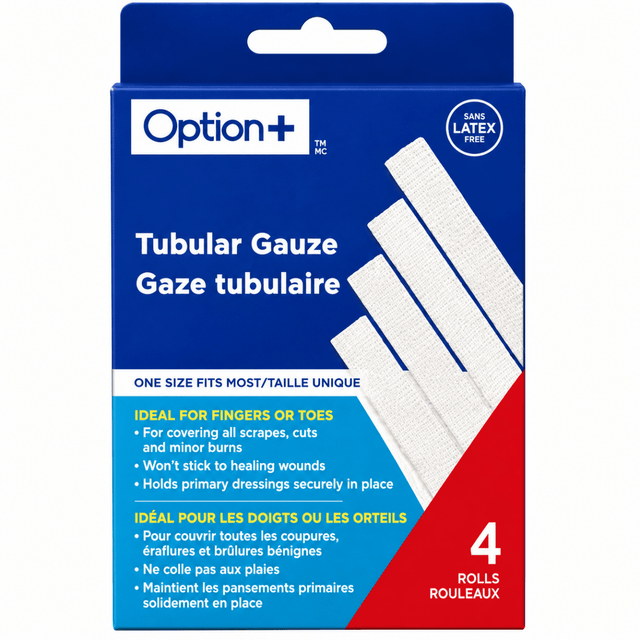 Box of Option tubular gauze with blue and red design - okotoks hc pharmacy