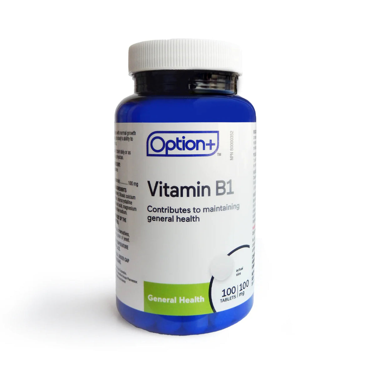 Vitamin B1 supplement bottle with Option+ branding on a white background - okotoks hc pharmacy