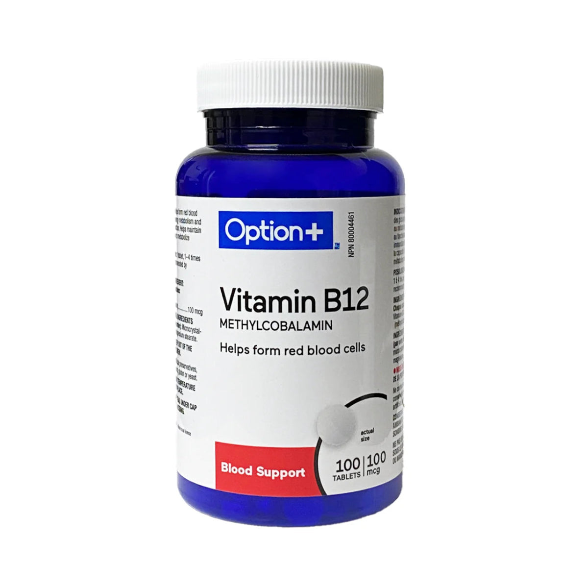 Bottle of Option+ Vitamin B12 supplement on a white background - okotoks hc pharmacy