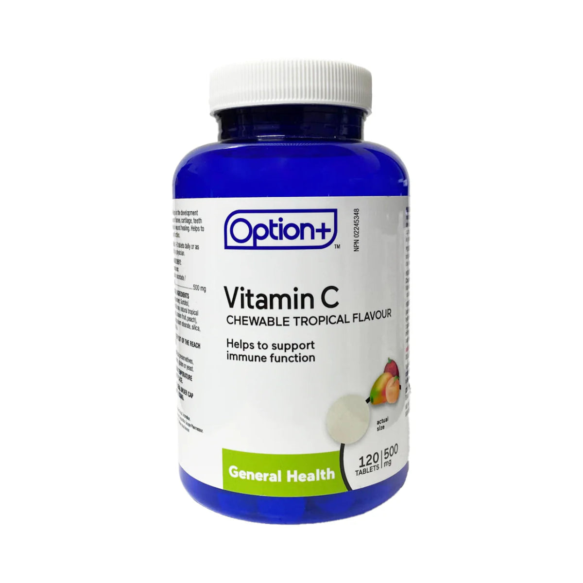 Bottle of Option+ Vitamin C chewable tablets on a white background - okotoks hc pharmacy