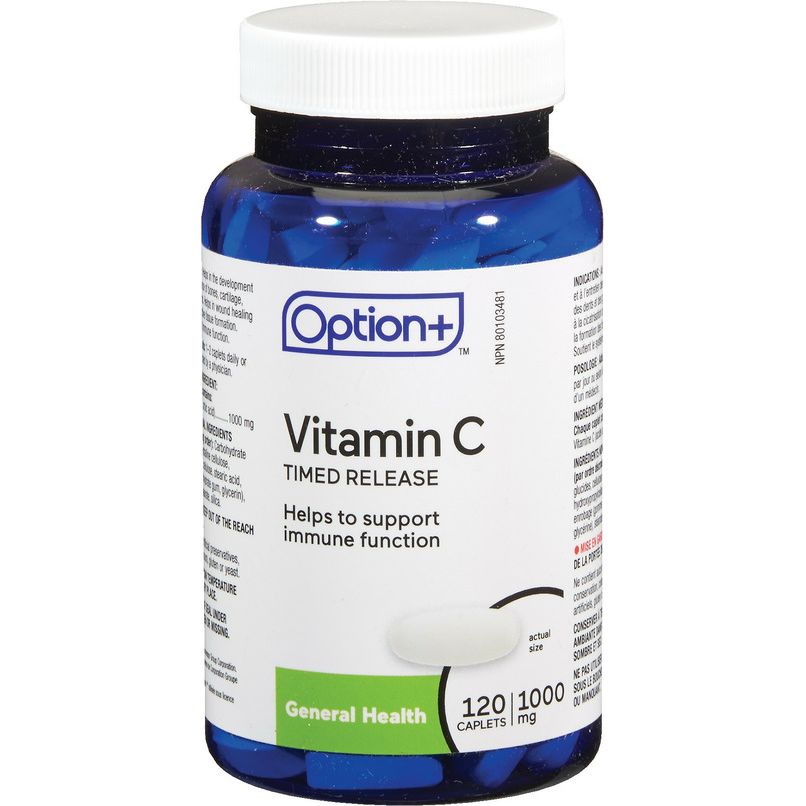 Vitamin C timed release supplement bottle with Option+ branding - okotoks hc pharmacy