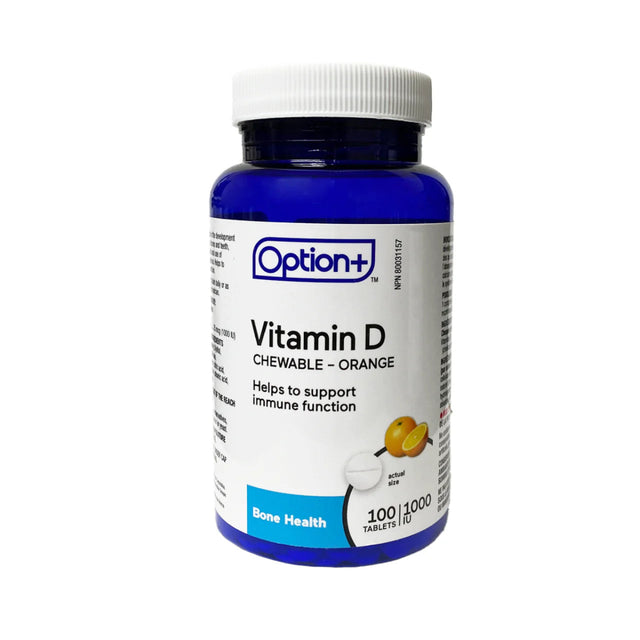 Bottle of Option+ Vitamin D chewable tablets on a white background - okotoks hc pharmacy