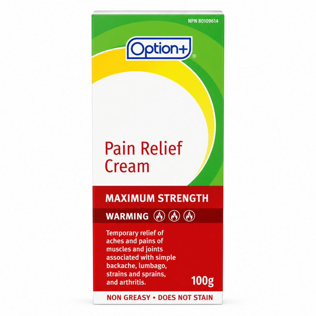 Box of Option+ Pain Relief Cream with green, yellow, and red design on a white background - okotoks hc pharmacy