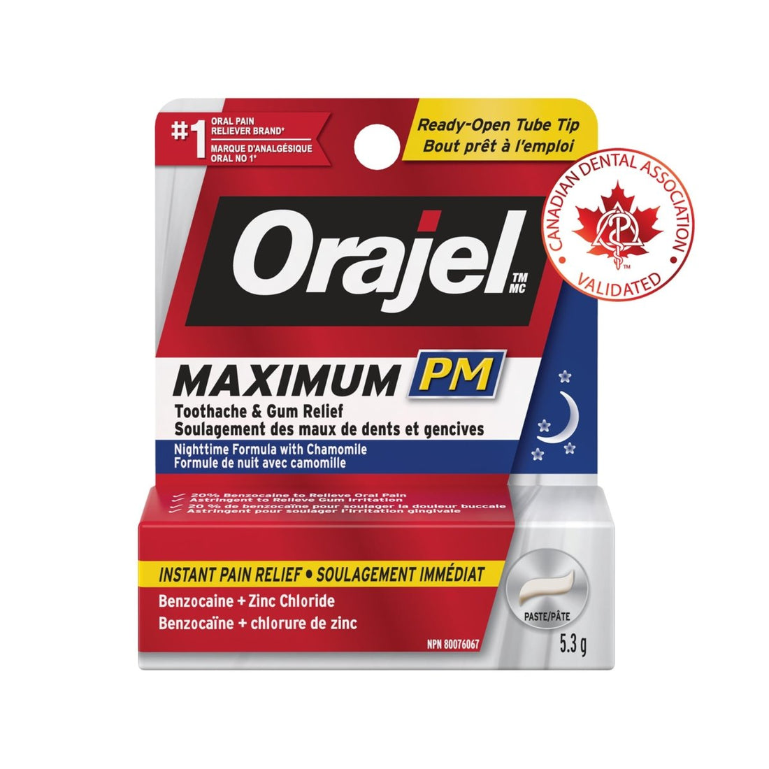 Orajel Maximum PM Toothache & Gum Relief oral pain relief tube packaging, featuring red, white, and blue design with a Canadian Dental Association validated seal. - okotoks hc pharmacy