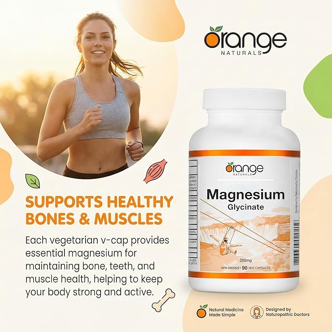 Orange Naturals magnesium supplement bottle with a woman exercising outdoors, promoting healthy bones and muscles. - okotoks hc pharmacy