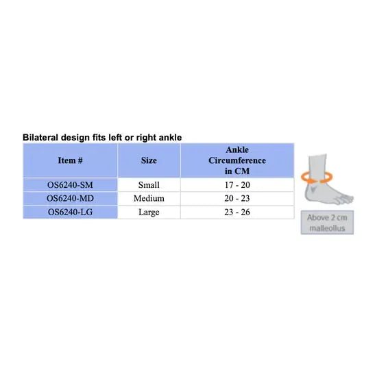 A sizing table for ankle band sizes, with a small diagram of a foot and a note indicating the measurement should be above 2 cm malleolus. The table lists item numbers OS6240-SM, OS6240-MD, and OS6240-LG with size Small, Medium, and Large and ankle circumference in CM ranges 17-20, 20-23, and 23-26. - okotoks hc pharmacy