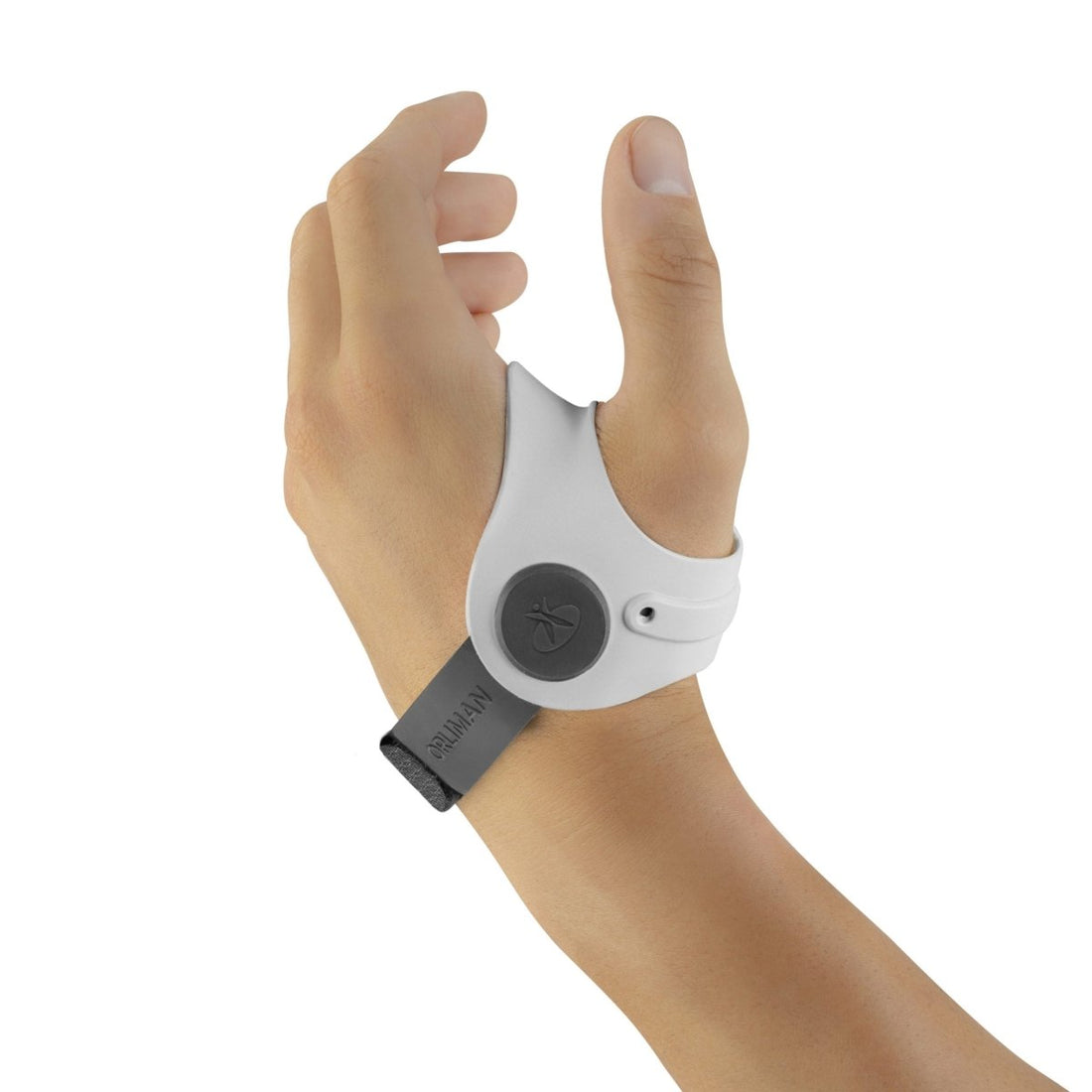 Hand wearing a white and gray wristband on a white background - okotoks hc pharmacy