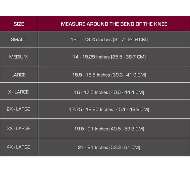 Measurement chart for knee sleeves with size guide on a gray background - okotoks hc pharmacy