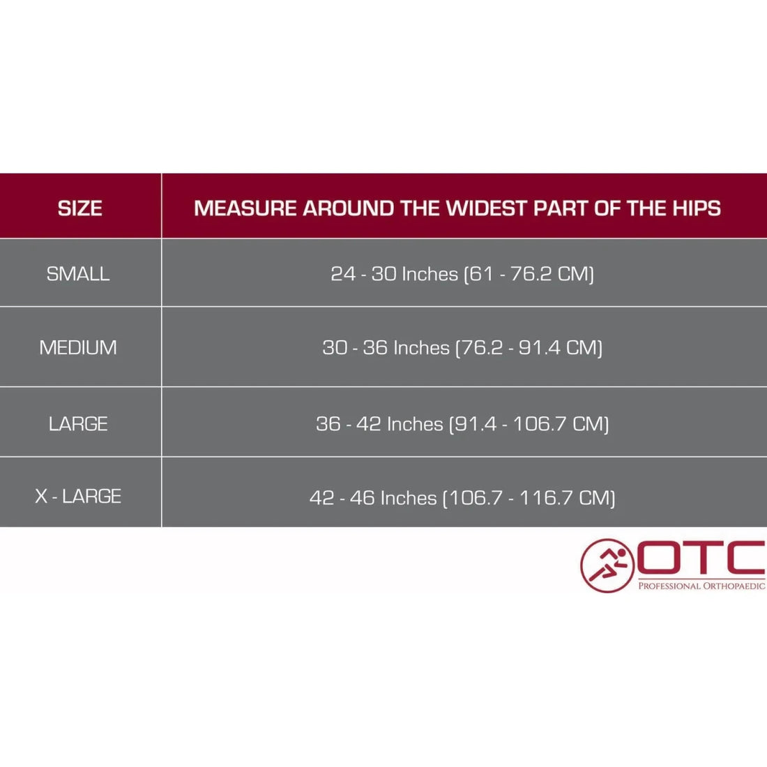 Size chart for measuring hips with OTC logo - okotoks hc pharmacy