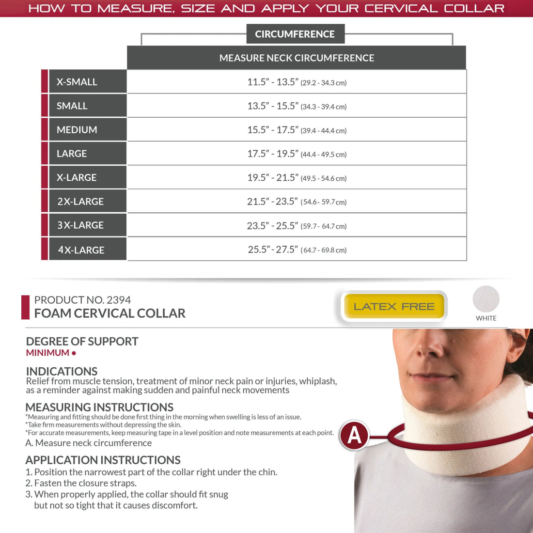 Foam cervical collar measurement chart with size guide and application instructions. - okotoks hc pharmacy