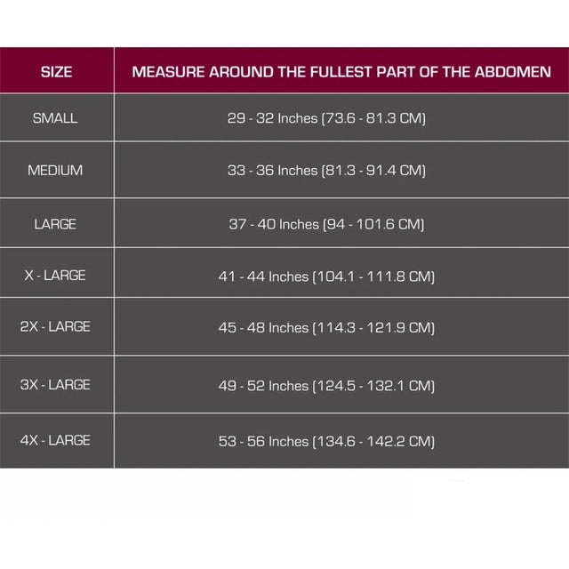 Size chart for measuring around the fullest part of the abdomen with size categories and corresponding measurements. - okotoks hc pharmacy