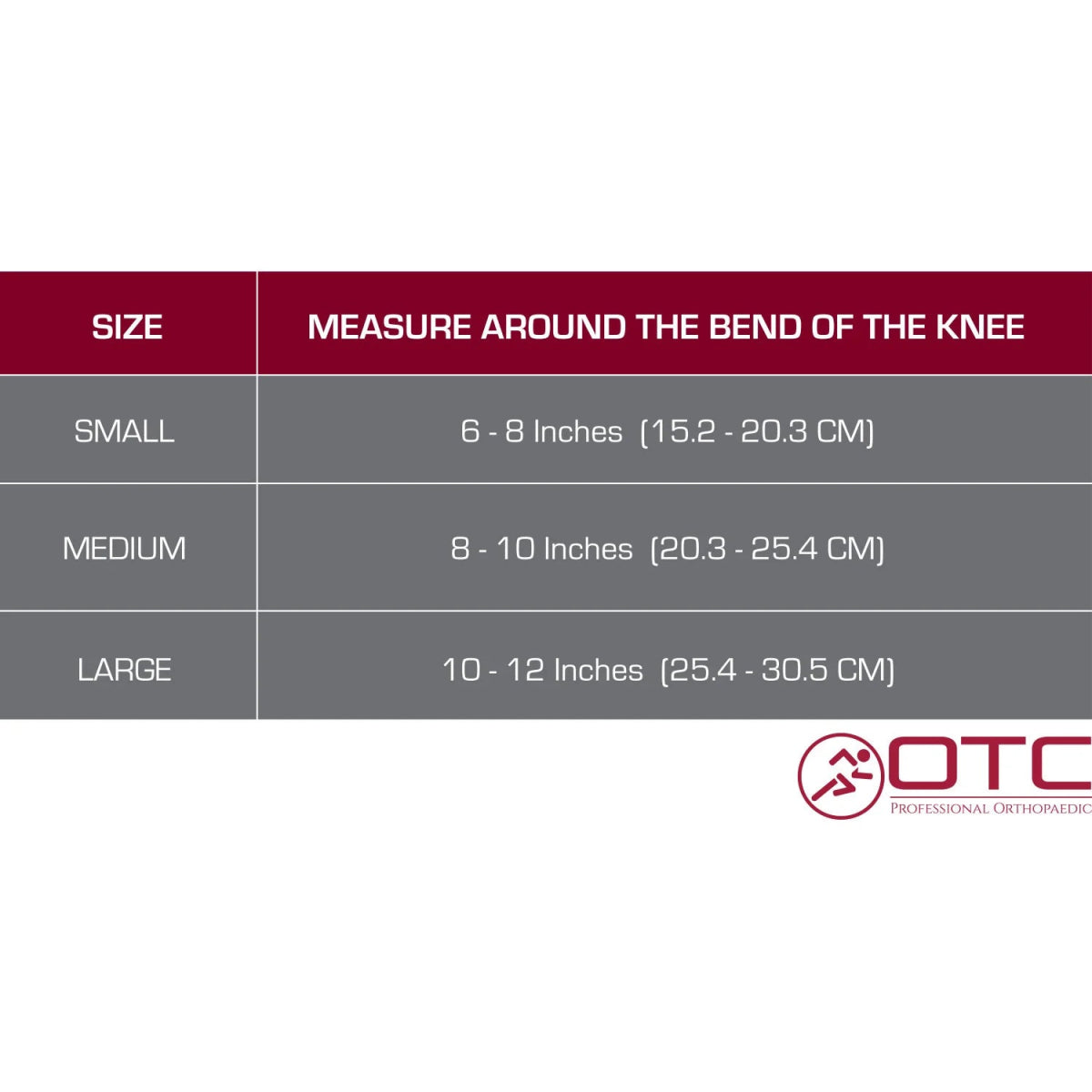 Measurement chart for knee sizes with OTC logo - Okotoks HC Pharmacy