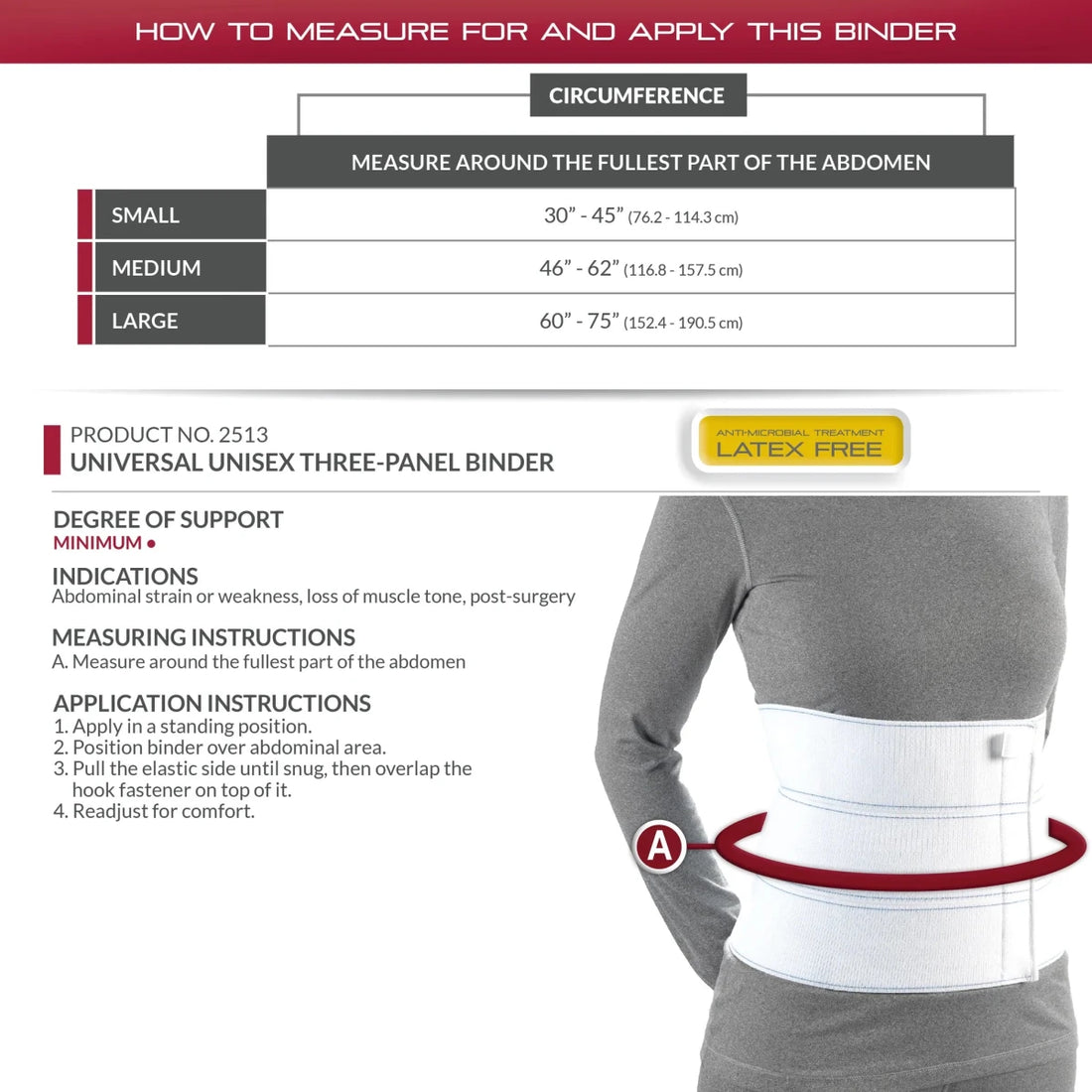 Measurement chart for a universal unisex three-panel binder with application instructions. - okotoks hc pharmacy