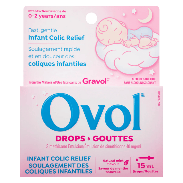Ovol Infant Colic Relief package with pink background and baby illustration - okotoks hc pharmacy