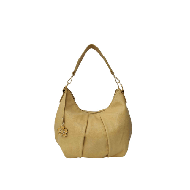 Beige handbag with a floral charm on a white background - okotoks hc pharmacy