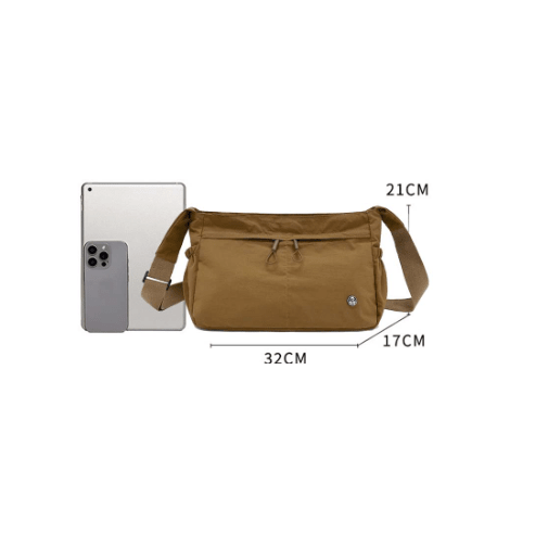 Brown shoulder bag with measurements next to a smartphone on a white background - okotoks hc pharmacy