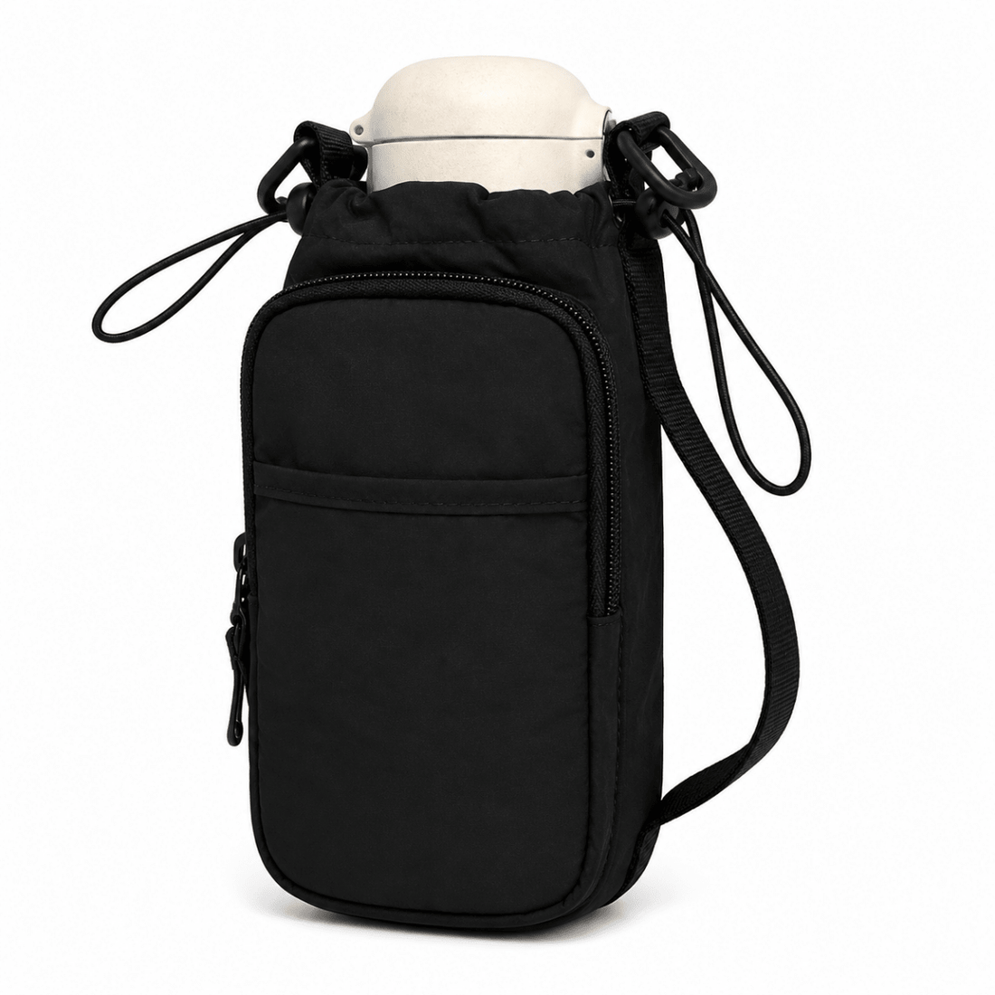 Black water bottle holder with a white water bottle on a white background - okotoks hc pharmacy
