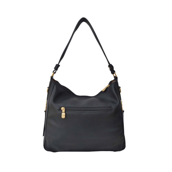 Black handbag with gold zippers on a white background - okotoks hc pharmacy
