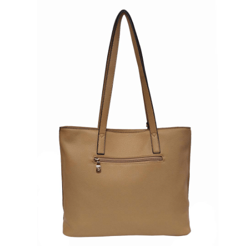 Brown tote bag with a visible zipper on a white background - okotoks hc pharmacy