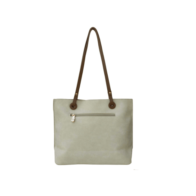 ivory tote bag with brown leather handle on a white background - okotoks hc pharmacy