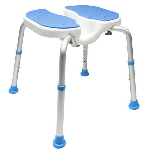 Adjustable shower seat with blue padding on a white background - okotoks hc pharmacy