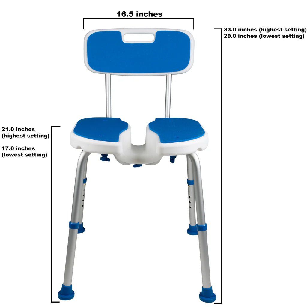 Blue and white adjustable shower seat with dimensions on a white background - okotoks hc pharmacy